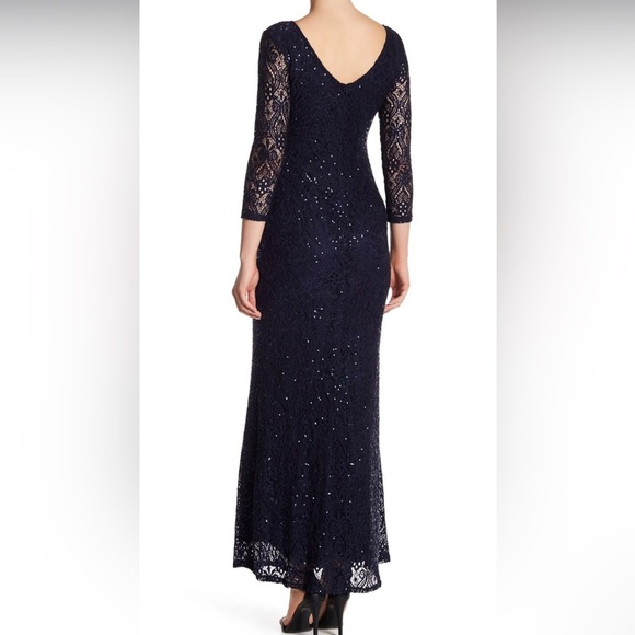 Women’s Formal Dress Size 8 MARINA Navy Sequined Lace Long Sleeves Evening Gown - Picture 3 of 9